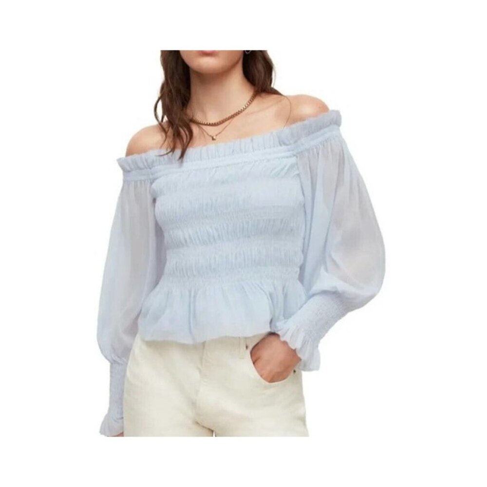 ALL SAINTS Lara Blouse Size 2 Smocked Off Shoulder Top Soft Blue Stretch